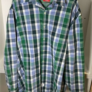 Izod Green and Light Blue Plaid Casual Button-Down Shirt